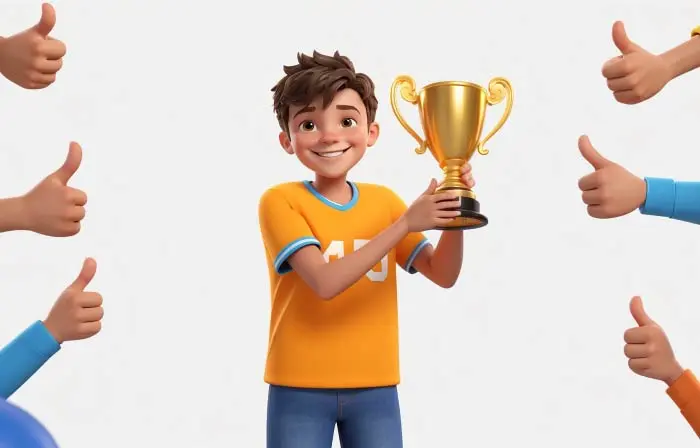 Little Boy with Thumbs Up and Gold Cup Graphic Artwork 3D Illustration